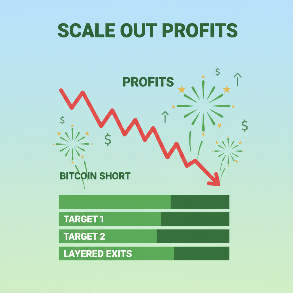 bitcoin short scale out profits chart green targets layered exits fireworks