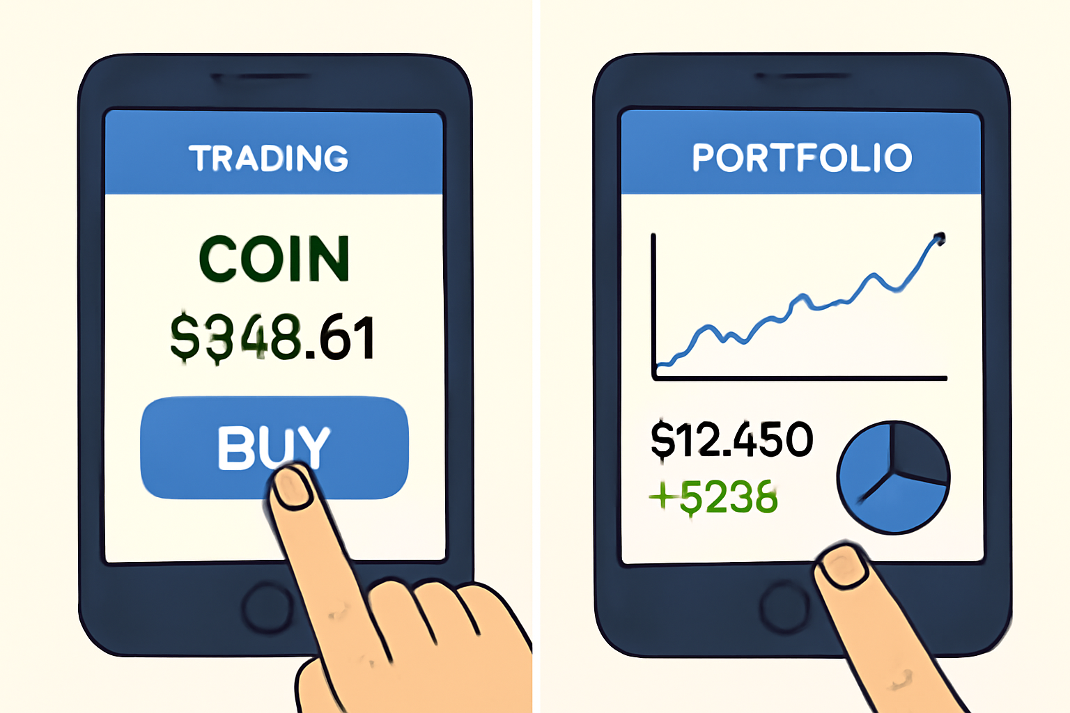 A hand clicking 'Buy' on a trading app with COIN at $348.61, followed by a dashboard tracking portfolio performance.