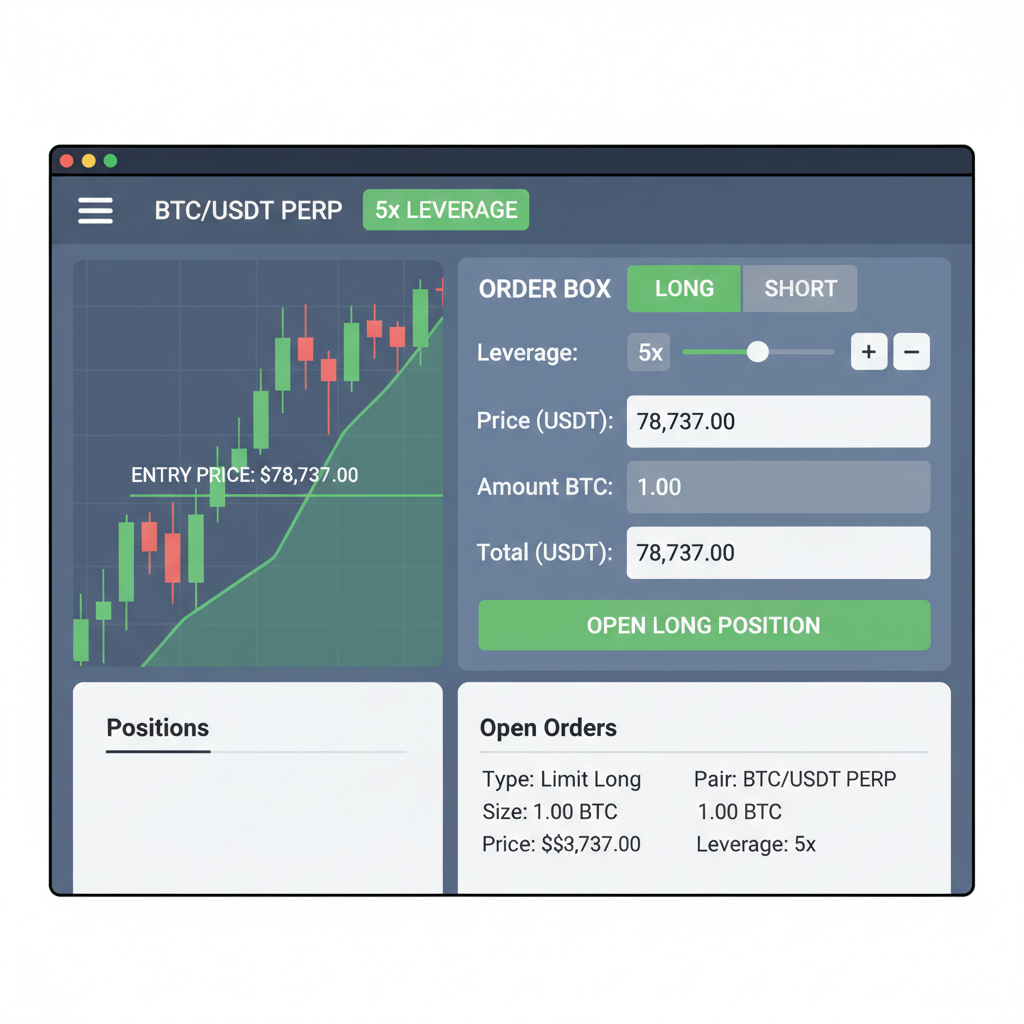 crypto exchange interface entering BTC perp long 5x $78,737 order screen
