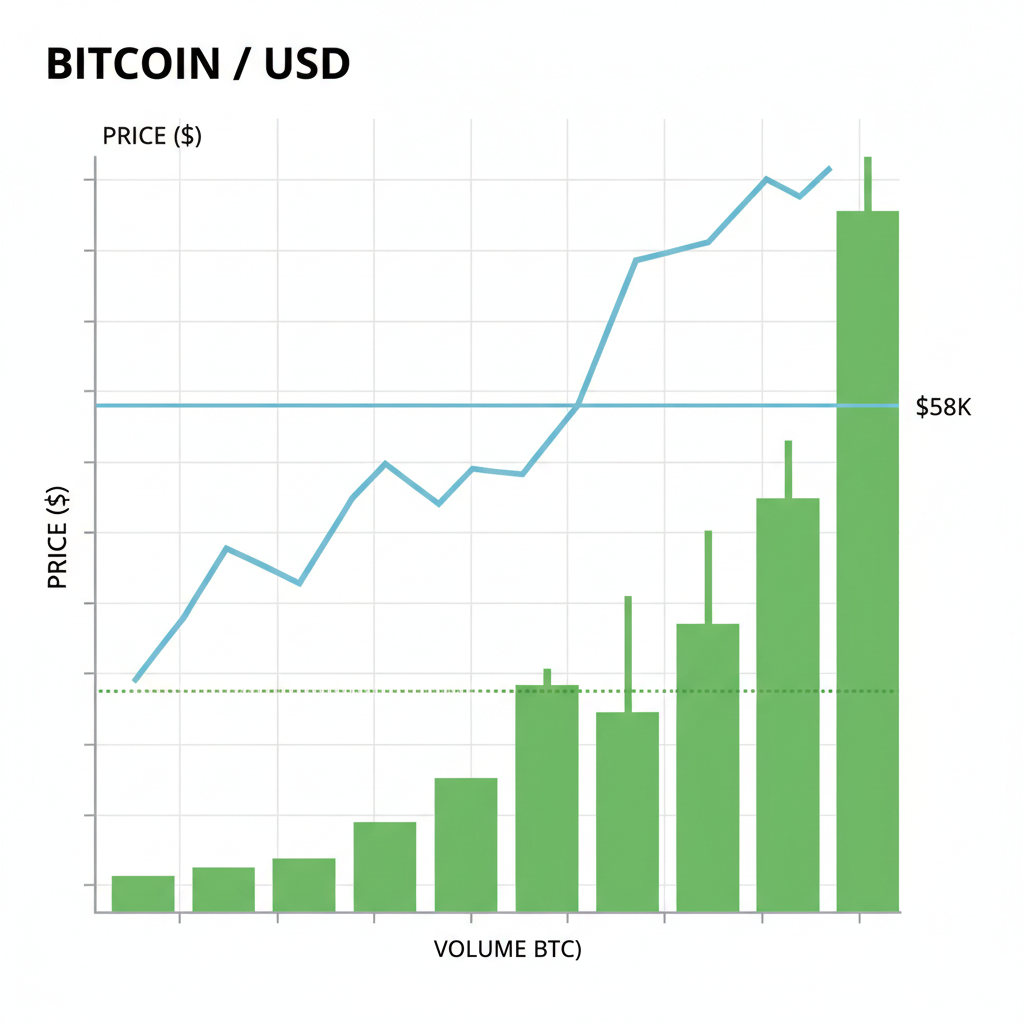 Bitcoin chart showing price at $58K support with volume bars spiking green above average line
