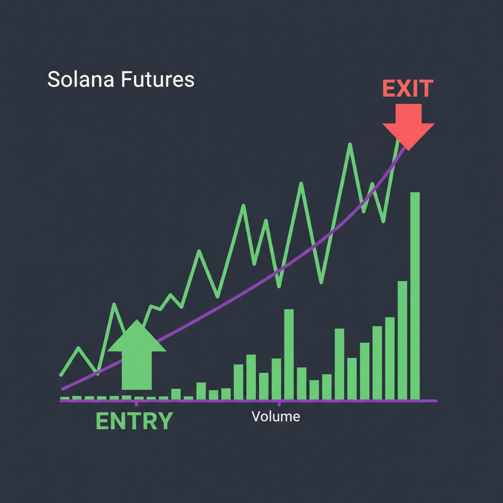trading chart with entry exit arrows on Solana futures breakout
