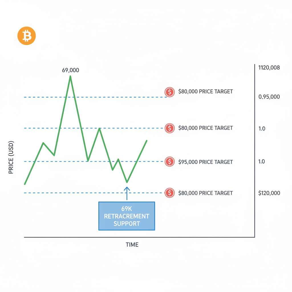 Bitcoin chart Fibonacci extensions 0.618 1.0 1.618 from $69K retracement support, price targets marked