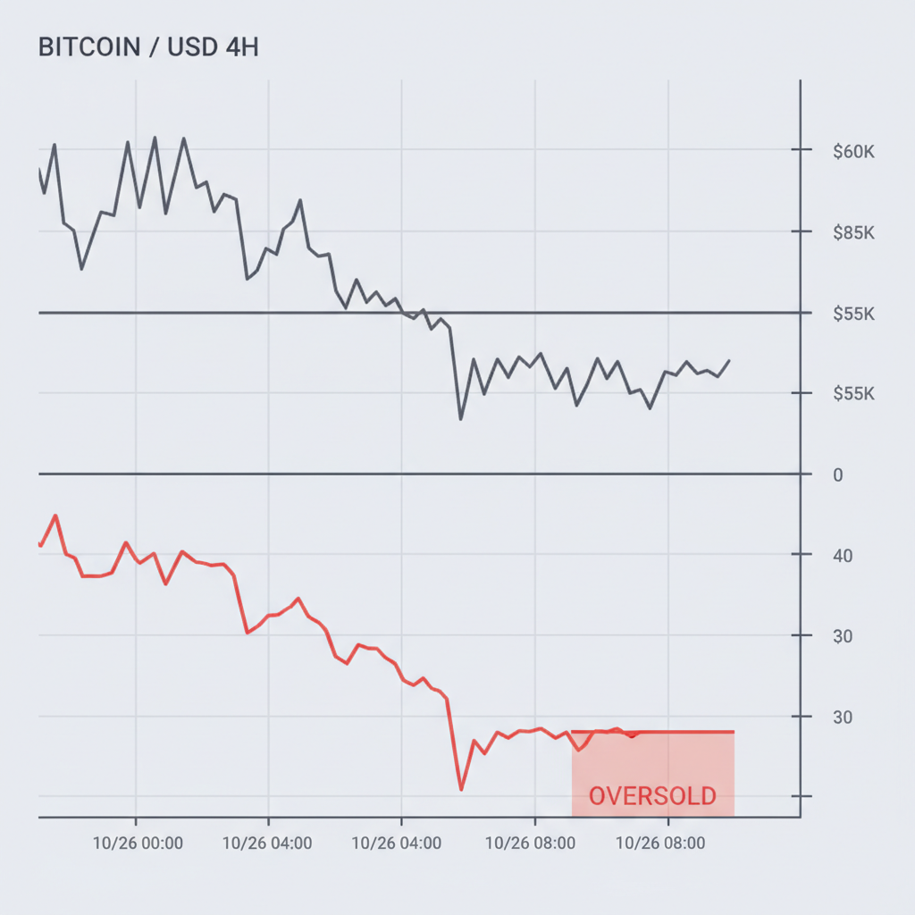 Bitcoin 4H chart at $58K support with RSI indicator below 30 line, oversold zone highlighted