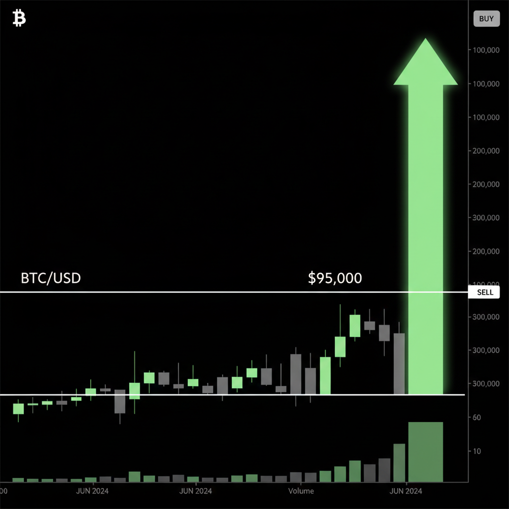 Bitcoin chart breaking out above $95K resistance, explosive green candle, upward arrow, dynamic trading view