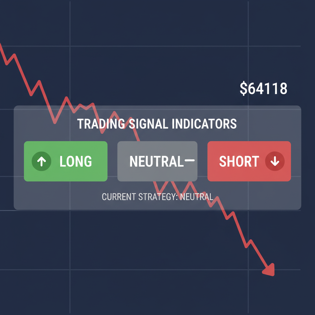 Trading signal dashboard with LONG SHORT NEUTRAL indicators, Bitcoin price chart background $64118