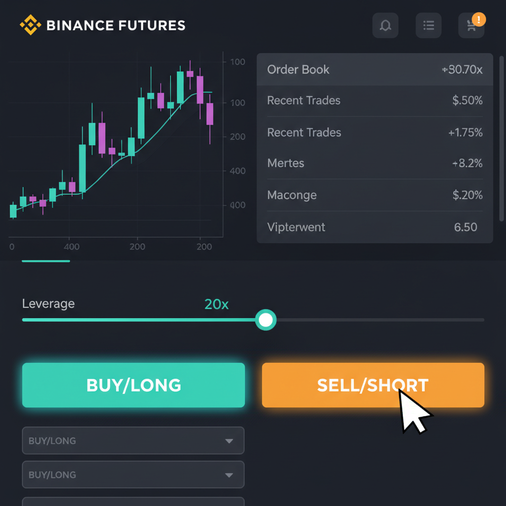 Binance Futures interface with 20x leverage slider and short sell button highlighted, dark mode