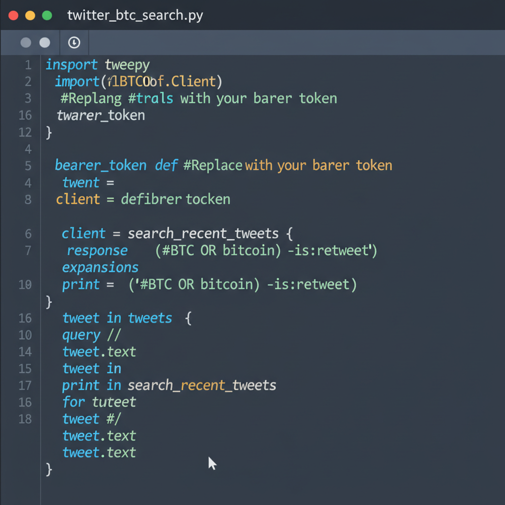 Python code editor with tweepy Twitter API call for BTC tweets, dark mode, syntax highlighted