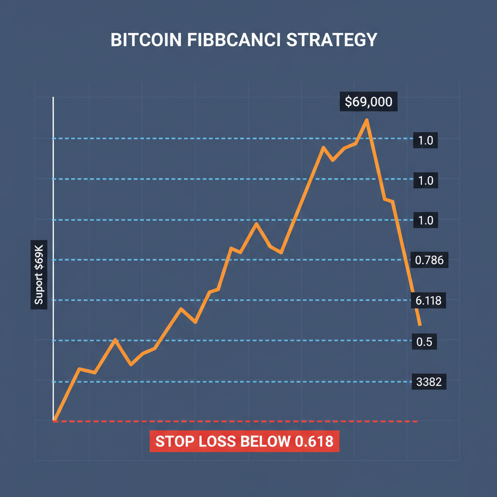 Bitcoin Fibonacci chart marking stop loss below 0.618 retracement level from $69K support