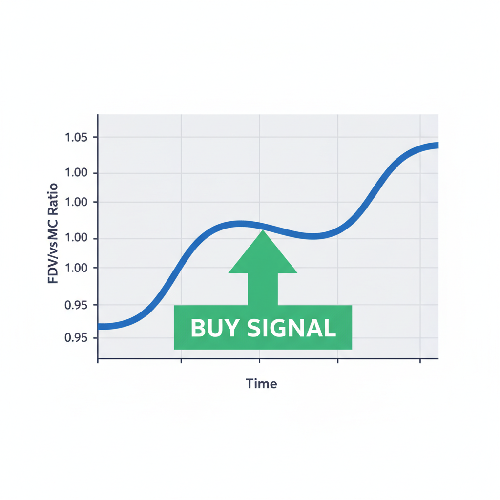 FDV vs MC ratio chart below 1.05 with buy signal arrow