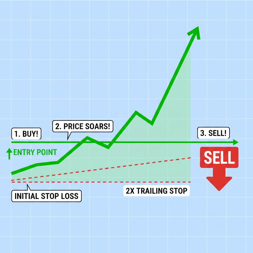 Trading chart entry point with 2x trailing stop during memecoin pump