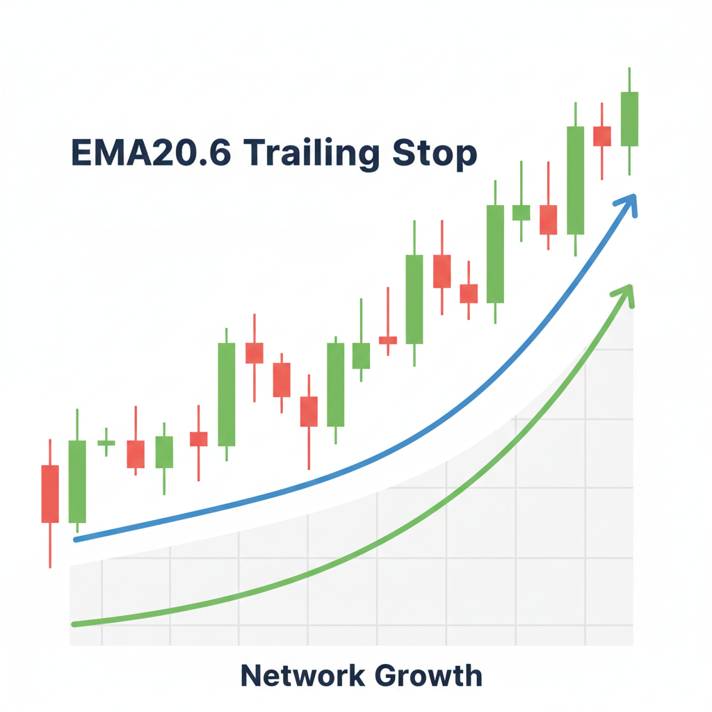 Bitcoin chart with EMA20.6 trailing stop line, network growth overlay graph rising, secure profit trail