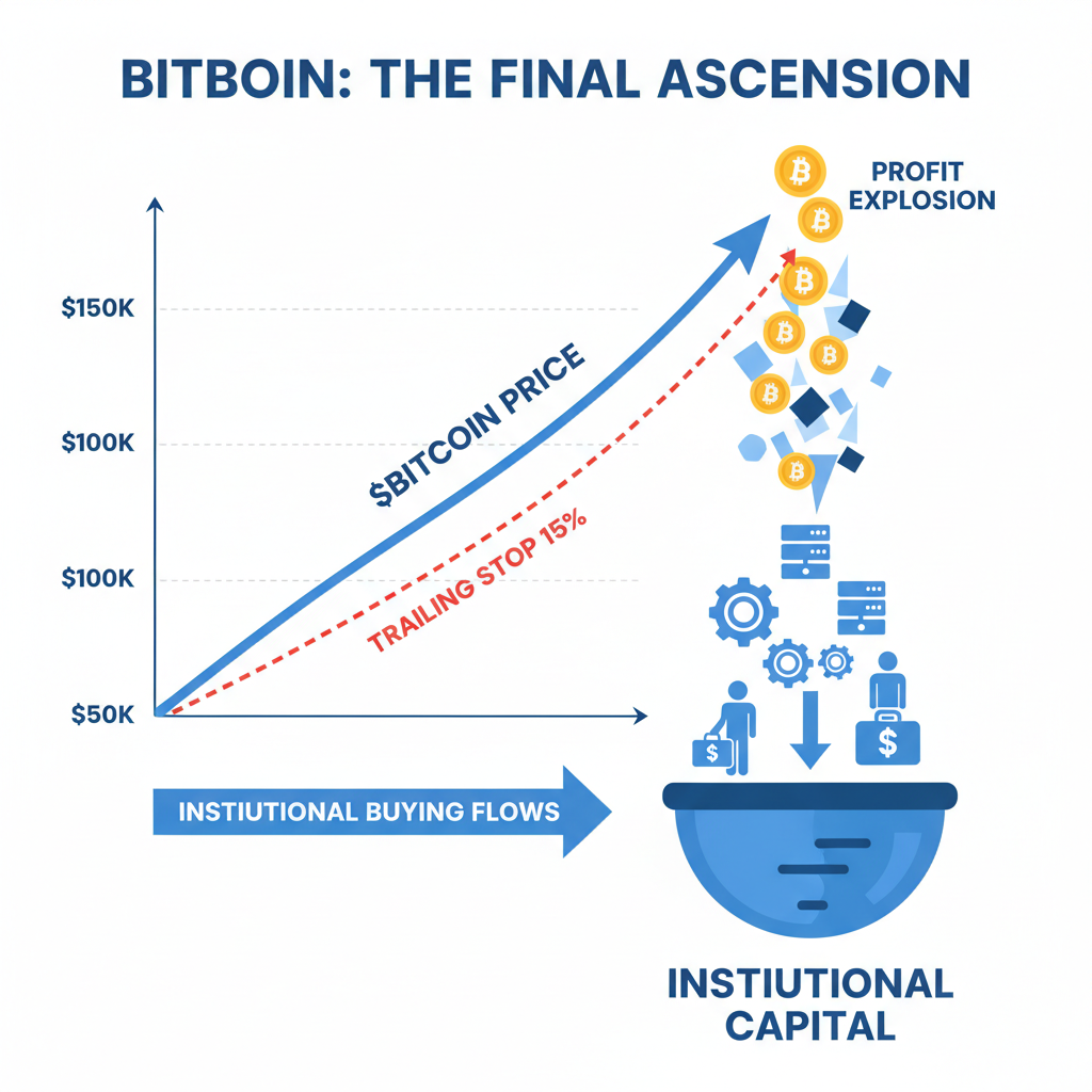 bitcoin parabolic rise to $150k, trailing stop line at 15%, final profit explosion, institutional buying flows visualized