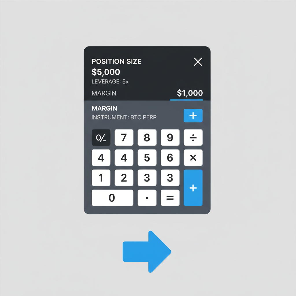 calculator screen position size $5,000 5x leverage margin $1,000 BTC perp