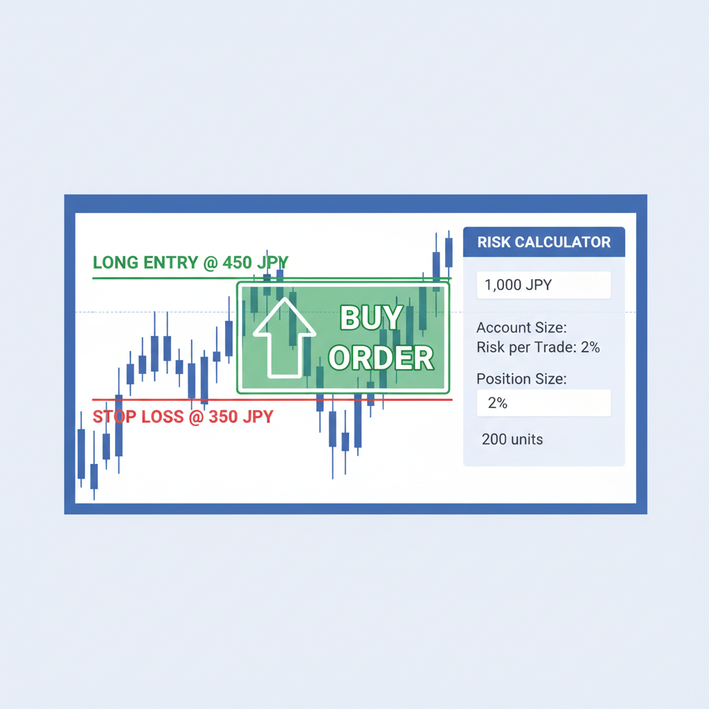 Trading screen showing long entry at 450 JPY, stop loss at 350 JPY, risk calculator, green buy order
