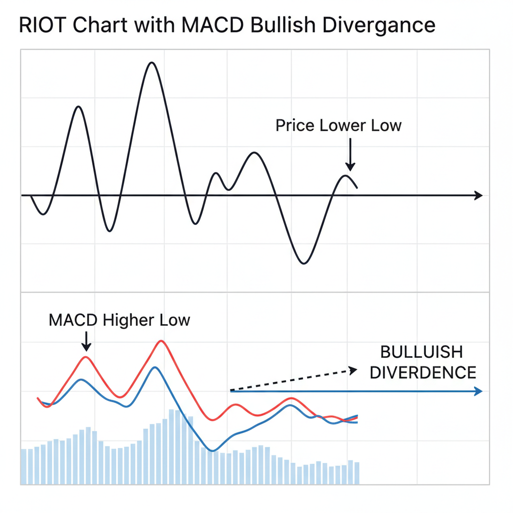 RIOT chart with MACD bullish divergence: price lower low, MACD higher low, arrows marking divergence