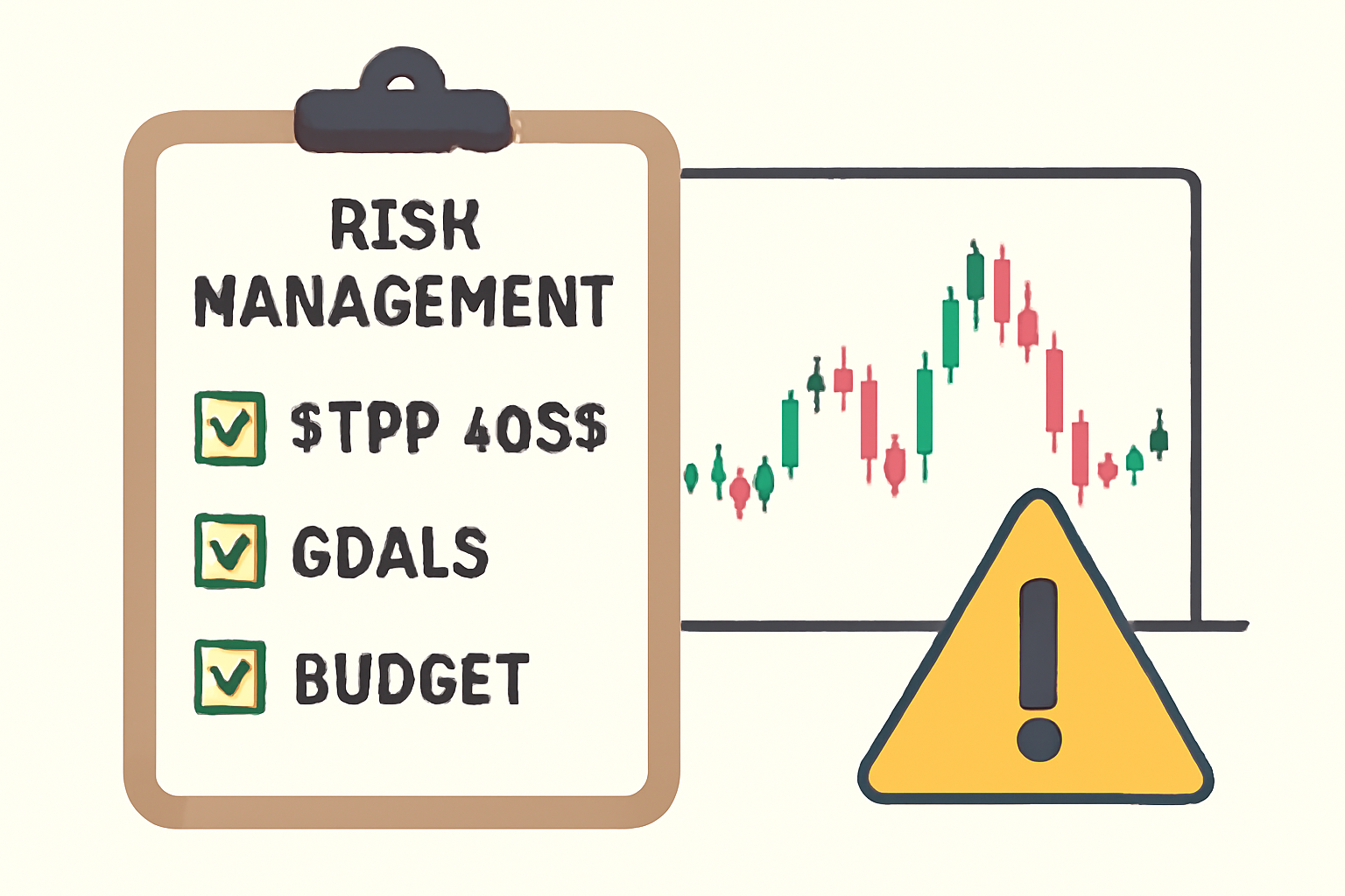 A checklist with risk management items (stop-loss, goals, budget) beside a fluctuating stock chart and a warning sign.