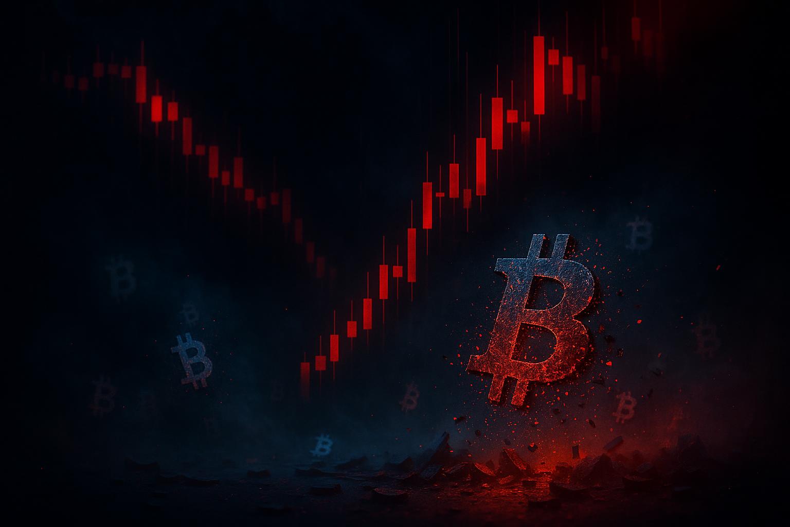 Conceptual visualization of cascading crypto liquidations impacting Bitcoin and Ethereum prices during a market crash, showing digital assets under pressure and a domino effect in the crypto market.