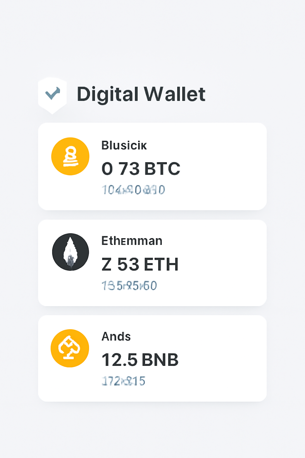 A digital wallet interface showing balances in Bitcoin, Ethereum, and BNB with current prices displayed, modern and secure look.