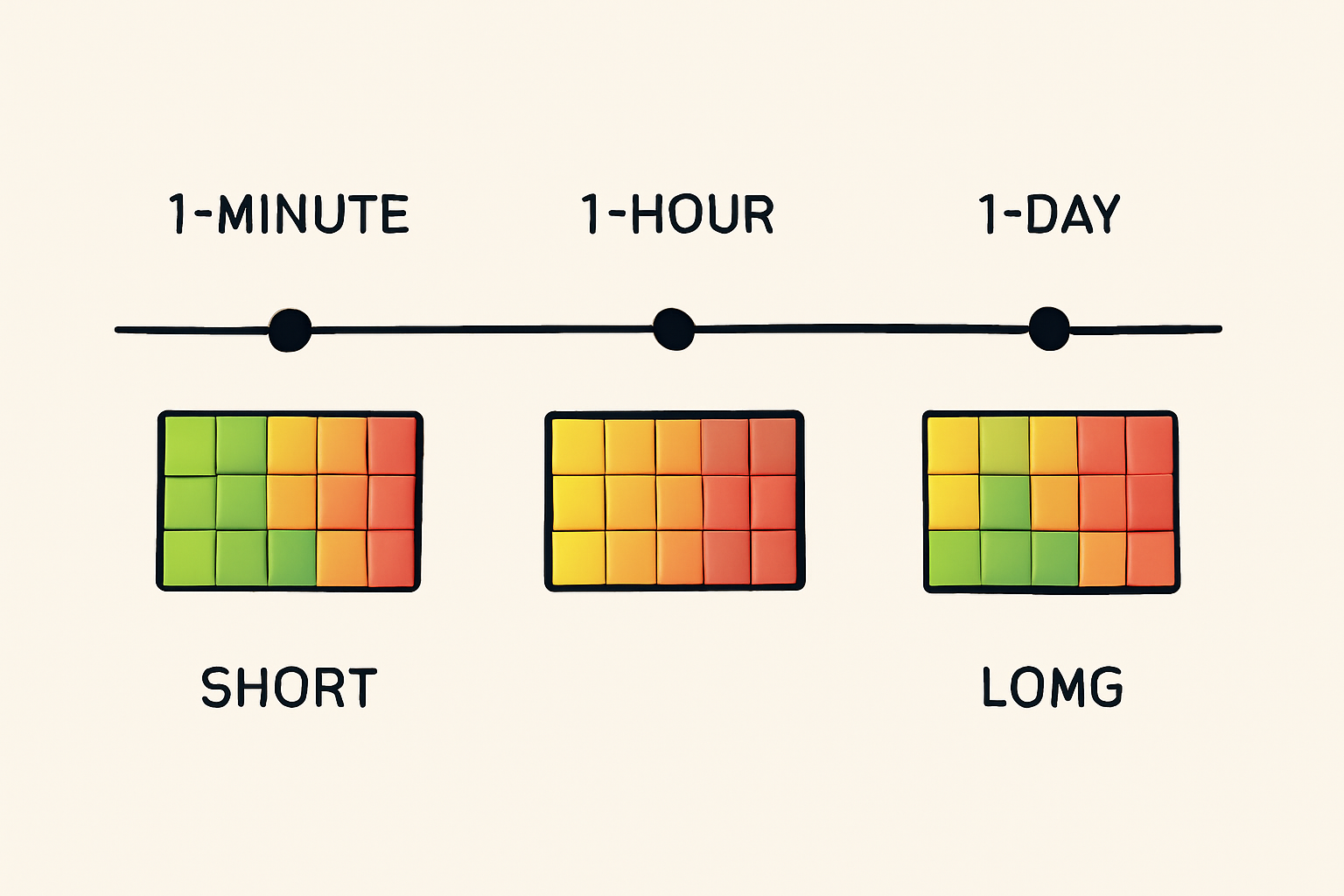 A timeline showing different trading timeframes with volatility heatmaps for each, emphasizing short and long intervals.