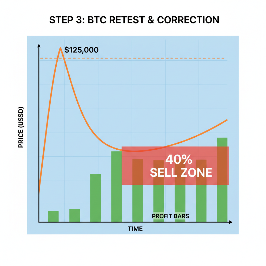 btc price chart retesting $125k high, 40% sell zone highlighted, elliott wave correction pattern, green profit bars