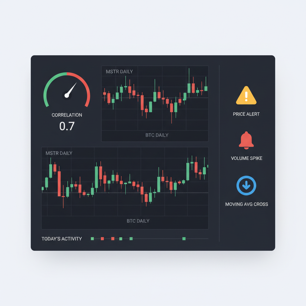 daily monitoring dashboard with MSTR BTC candlestick charts, correlation gauge at 0.7, alert icons, dark mode professional