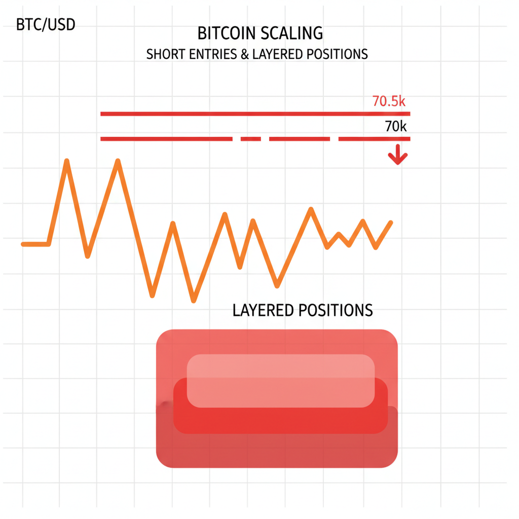 bitcoin scaling short entries 70.5k 70k chart layered positions red zones