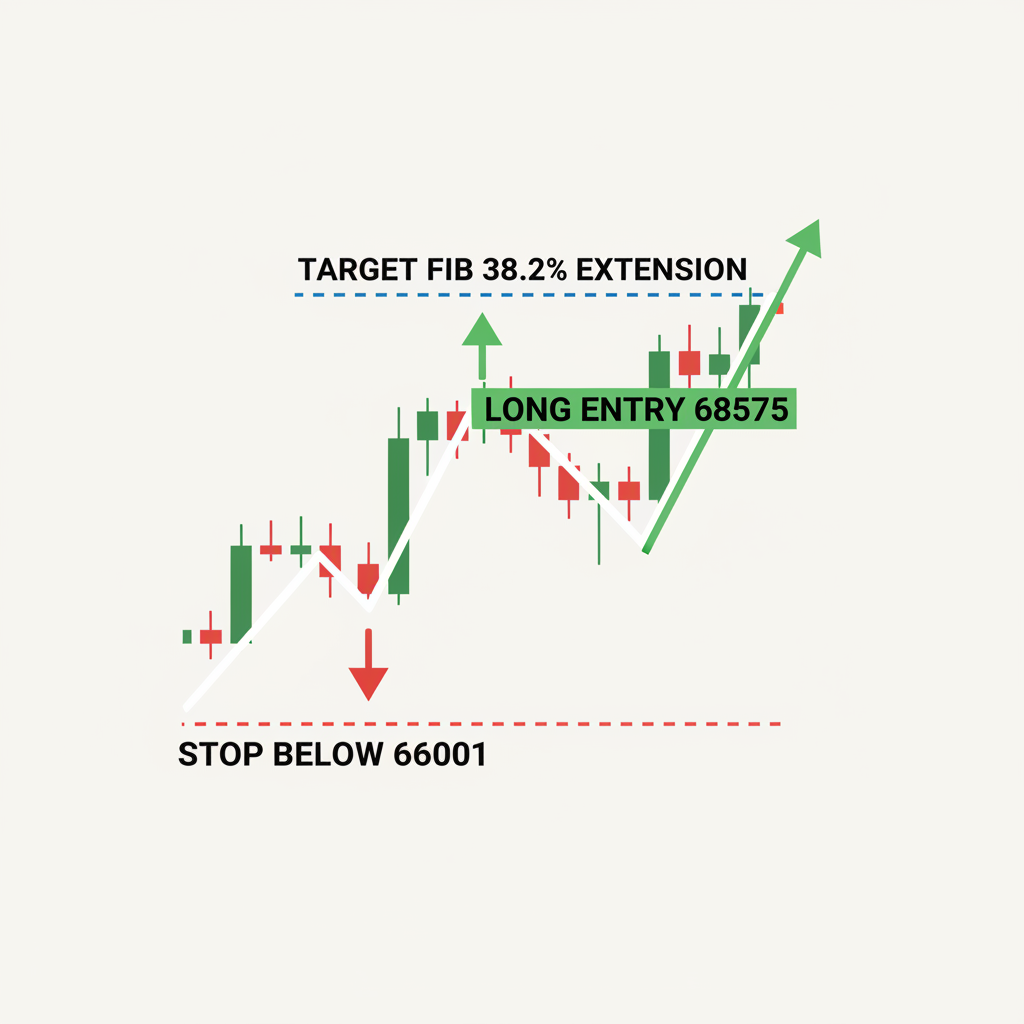 trading chart long entry 68575 stop below 66001 target fib 38.2% extension