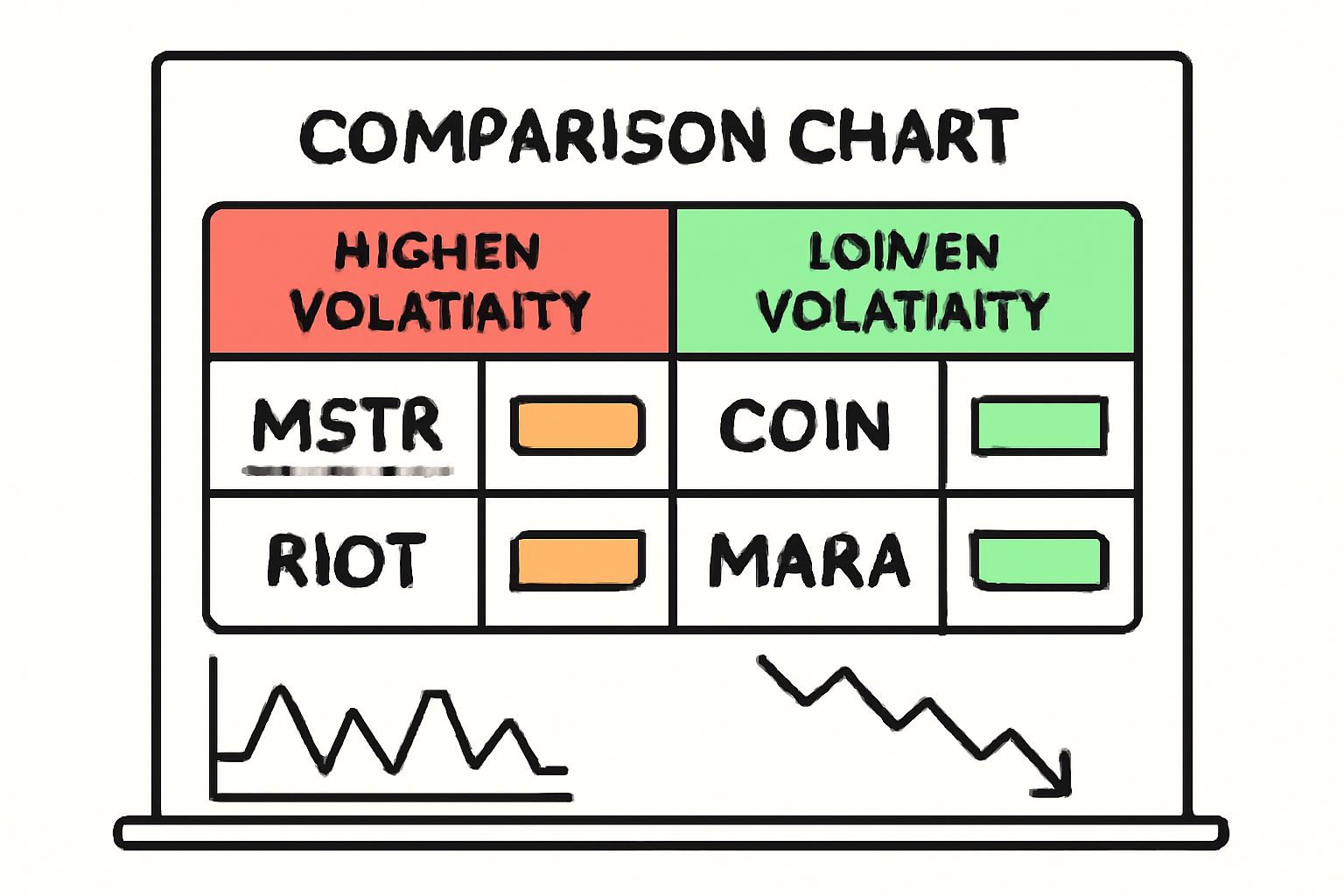 A comparison chart of volatility metrics for several crypto stocks, highlighting higher and lower volatility options.